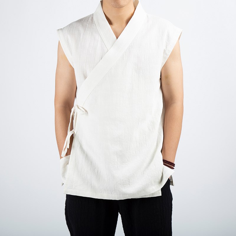 夏季无袖棉麻衣中国风交领汉服系带短打禅意马甲男马褂复古坎肩潮