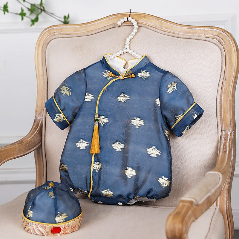 周岁礼服男宝宝冠衣蓝色百日中式婴儿满月唐装抓周宴衣服薄款夏季
