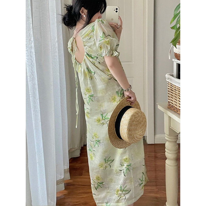 薄荷草苎麻印花连衣裙女装2023夏新款泡泡袖后背镂空宽松显瘦长裙