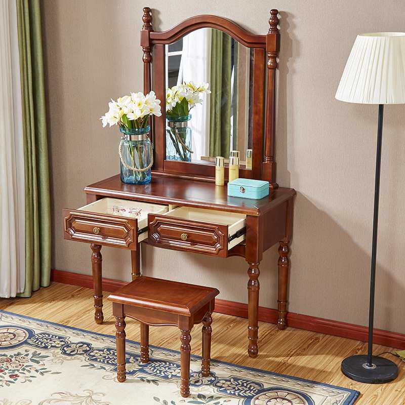 实木梳妆台卧室带镜子美式乡村化妆台凳子组合公分尺寸高端奢华