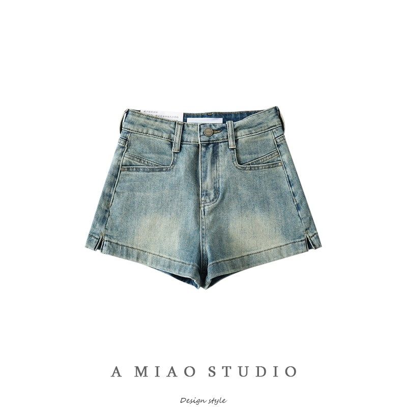 美式复古做旧浅蓝色高腰阔腿牛仔短裤女2025夏新款百搭显瘦热裤子
