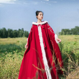 毛呢外套新款 汉服斗篷女长款 区 加厚红色大衣连帽披风冬 258元