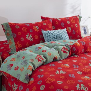 双层纱百福四件套全棉纯棉床单被套结婚红色床R上用品新婚庆婚嫁
