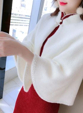 旗袍披肩女装秋冬装新款潮冬季钉珍珠外搭斗篷毛呢外套年轻款少女