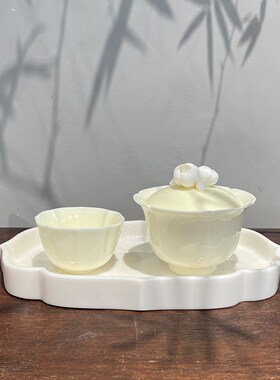 惊蛰 原矿玉制手工捏花鹅黄色家用盖碗套组壶承中式功夫茶具