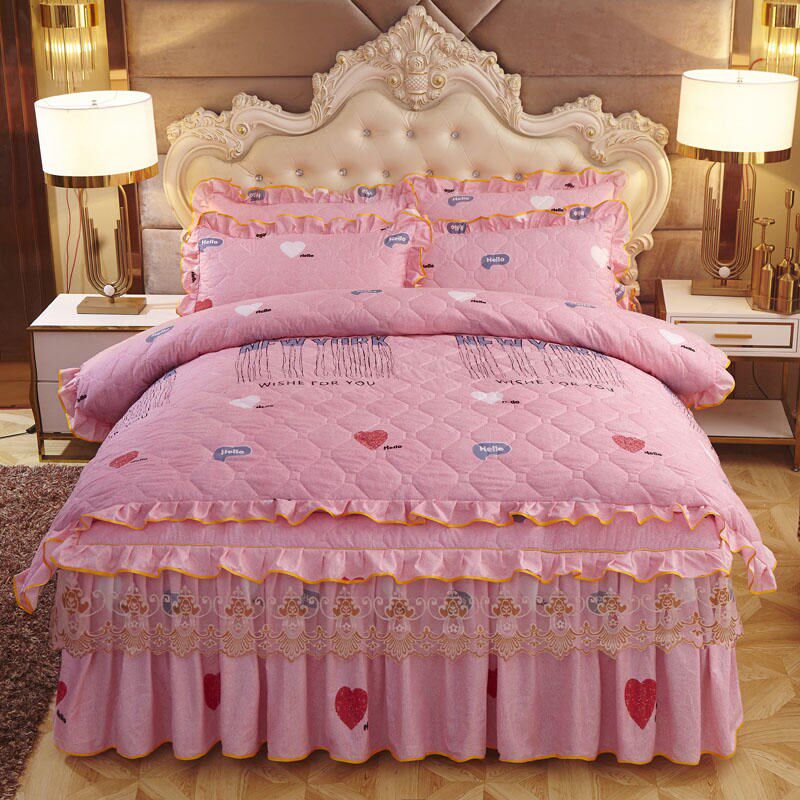 欧式全棉夹棉加厚床裙款四件套蕾丝床罩式纯棉荷叶边被套床上用品