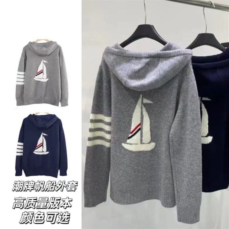 秋冬新款TB帆船外套宽松加厚羊毛针织开衫男女连帽拉链情侣毛衣衫