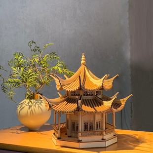 新中式木质仿古风古铜色古建筑模型拼装榫卯结构摆件亭子重檐亭