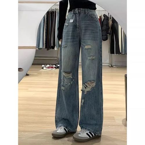 300斤胖mm大码复古破洞设计感直筒牛仔裤女高腰显瘦阔腿拖地裤子