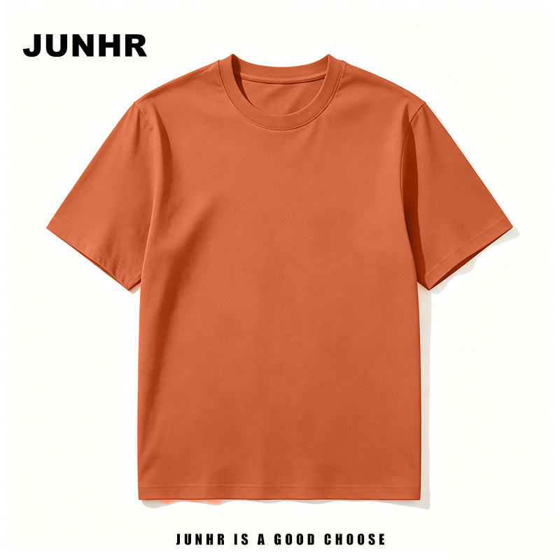 JUNHR橙色短袖T恤男圆领舒适百搭基础款上衣休闲风宽松简约纯色