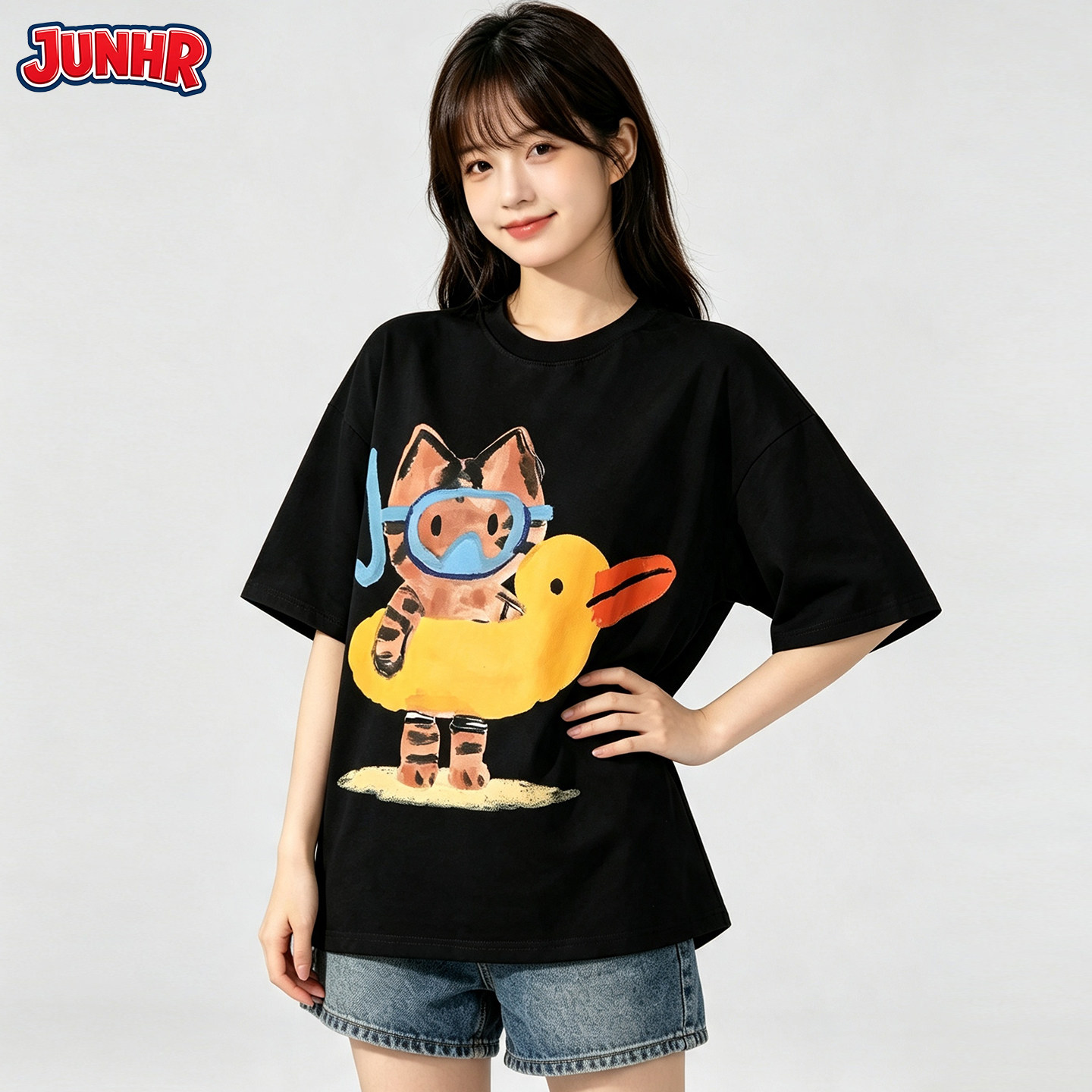 JUNGR夏季新款艺术家手绘纯棉T恤短袖猫咪趣味百搭插画趣味男女