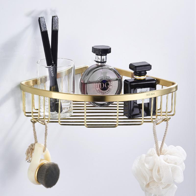 304不锈钢拉丝金色三角置物篮双层转角网篮卫生间挂钩式置物架子