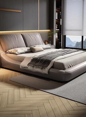意式极简真皮床主卧室双人大床现代简约轻奢家用黑色储物软包婚床