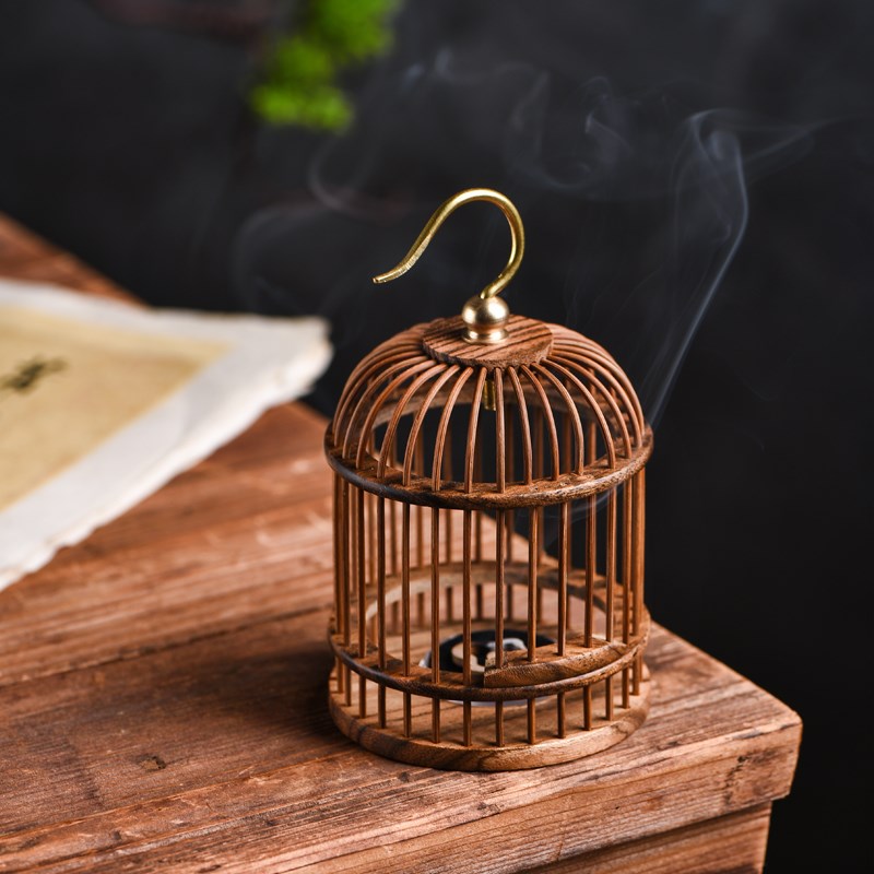 实木香炉家用室内香薰檀香炉创意鸟笼木质悬挂盘香炉茶道熏香摆件