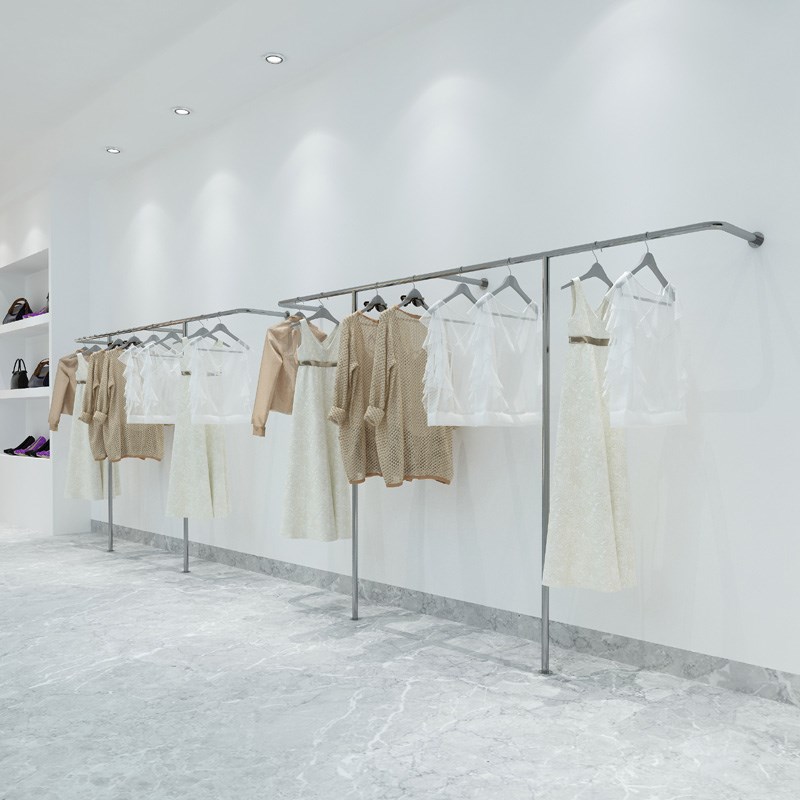 服装店墙上展示挂衣架不锈钢拉丝银女装店货架专用上墙落地衣杆子图片