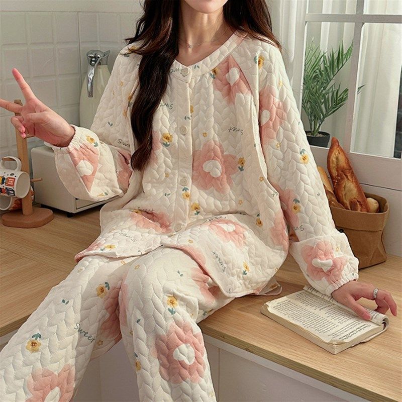 2024新款秋冬新款空气棉夹层月子服孕产妇产后哺乳睡衣套装