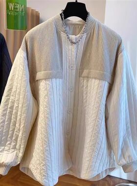肥仔宽松大码300斤港味复古针织拼接条纹外套男女春秋款百搭棉服2