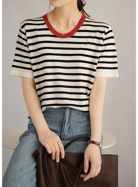 84364 女士羊毛针织短袖 基础款条纹圆领T恤百搭针织衫 春夏款