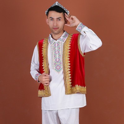 新疆舞蹈服男士新款短马甲黑色民族风广场舞短背心维吾尔族舞马夹