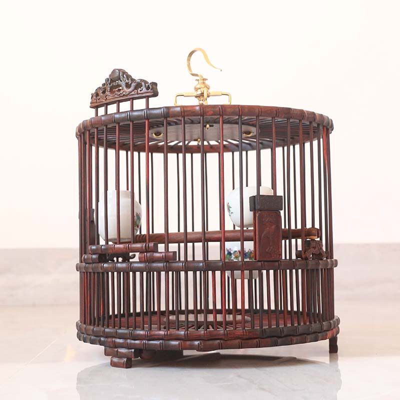 红木红酸枝绣眼鸟笼子竹手工雕刻靛颏红子玉鸟贝子文鸟小型圆鸟笼