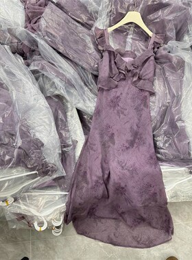 法式高级感简约通勤温柔风新款印花长裙夏日微胖紫色荷叶边连衣裙