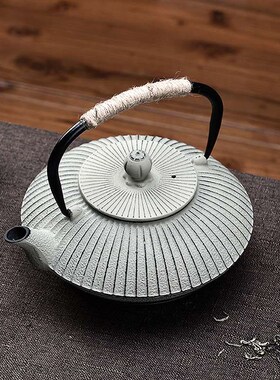 中式日式禅意茶室装饰摆件竖条纹铜绿色扁伞形手工艺术提梁铸铁壶