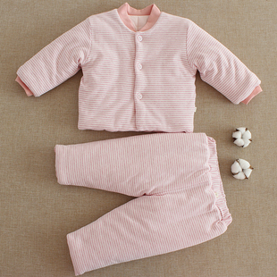 加厚保暖男女宝宝居家外穿棉衣服 冬季 儿童条纹纯棉花棉袄棉裤 套装