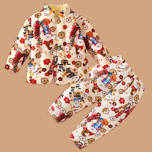 春节喜庆拜年服 男女宝宝新年装 儿童手工纯棉花棉袄棉裤 套装