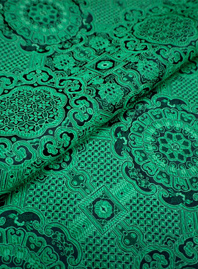 特 黑底夹绿色宝相花纹团花纹中式织锦缎布料 云锦丝绸缎子面料