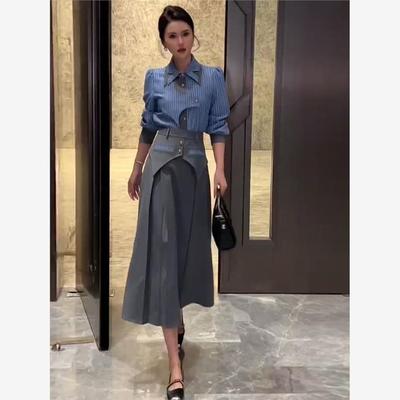 蓝色条纹拼接衬衫女秋款2