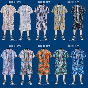 男夏季 套装 薄款 宽松大码 复古短袖 花衬衣海边度假旅游沙滩短裤 衬衫