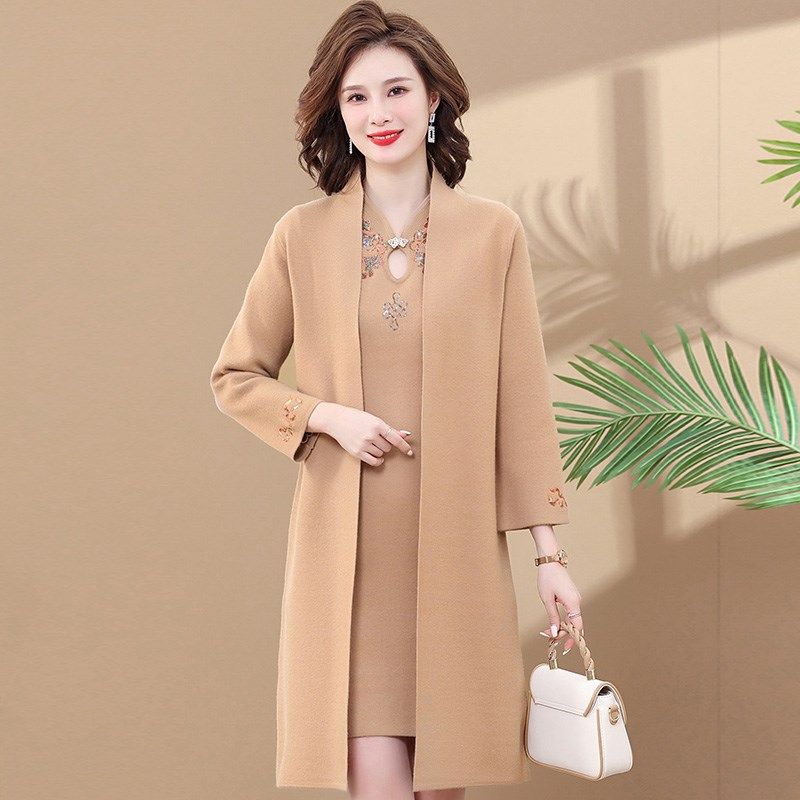 妈妈装秋冬两件套装旗袍大码毛衣中长款外套中老年女装宽松连衣裙