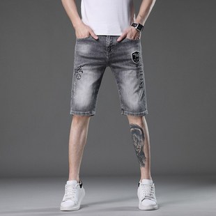 男夏季 高街五分裤 薄款 直筒休闲印花烫钻韩版 子男弹力 修身 牛仔短裤