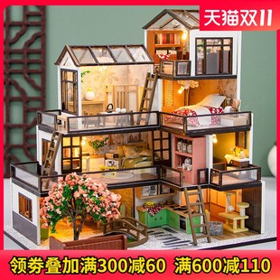 DIY小屋梦想城镇手工制作木质拼装房子模型迷你别墅玩.具生日礼物