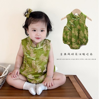婴儿连体衣夏季抓周衣服包屁衣女宝宝百天周岁礼服哈衣中国风汉服