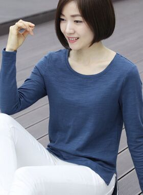 春秋新款白色竹节棉t恤女士长袖宽松中年妈妈外穿大码纯棉打底衫