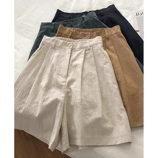 梨形身材显瘦宽松高腰休闲五分裤 日系棉麻短裤 胖mm大码 新款 女夏季