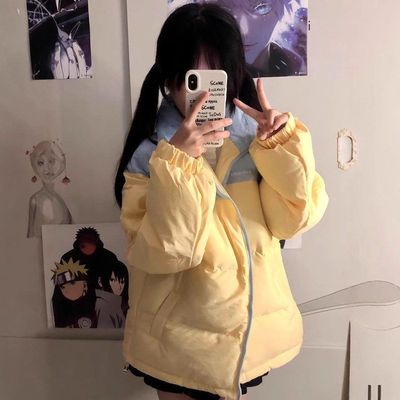 韩版新款小个子慵懒风拼色棉服外套女冬季百搭棉袄宽松保暖面包服