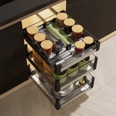 调味拉篮304不锈钢厨房橱柜分体B三层抽屉式工具篮厨柜置物架收纳