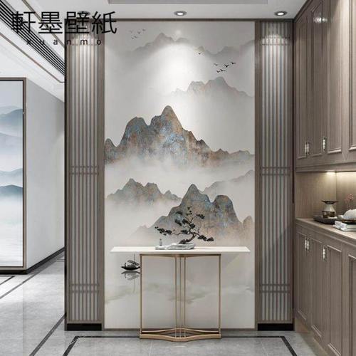 墙纸壁画新中式轻奢走廊过道玄关墙布山水复式客厅电视背景墙壁纸