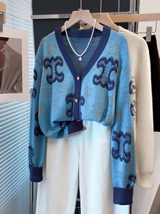 提花毛衣开衫女2025秋季新款V领金丝针织衫宽松洋气减龄外套上衣