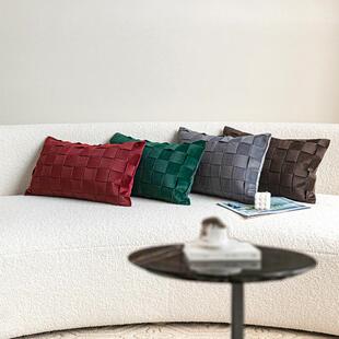 轻奢复古丝绒编织抱枕红色绿色沙发腰枕样板间靠枕长方形软装搭配