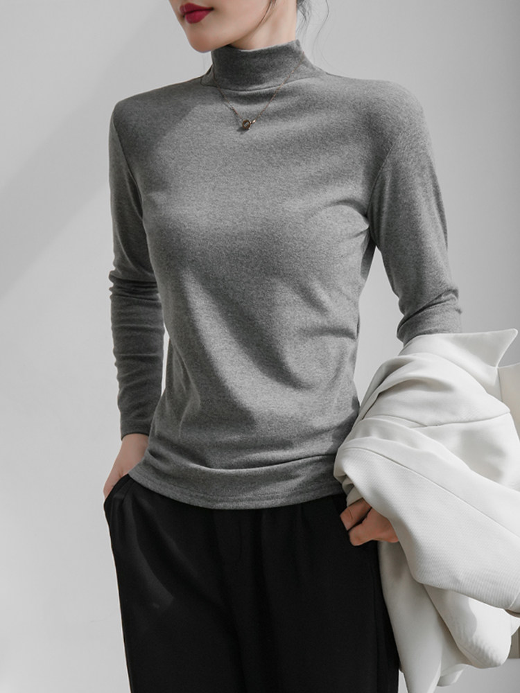 灰色纯棉半高领打底衫女内搭长袖t恤秋冬2025新款高级感保暖上衣