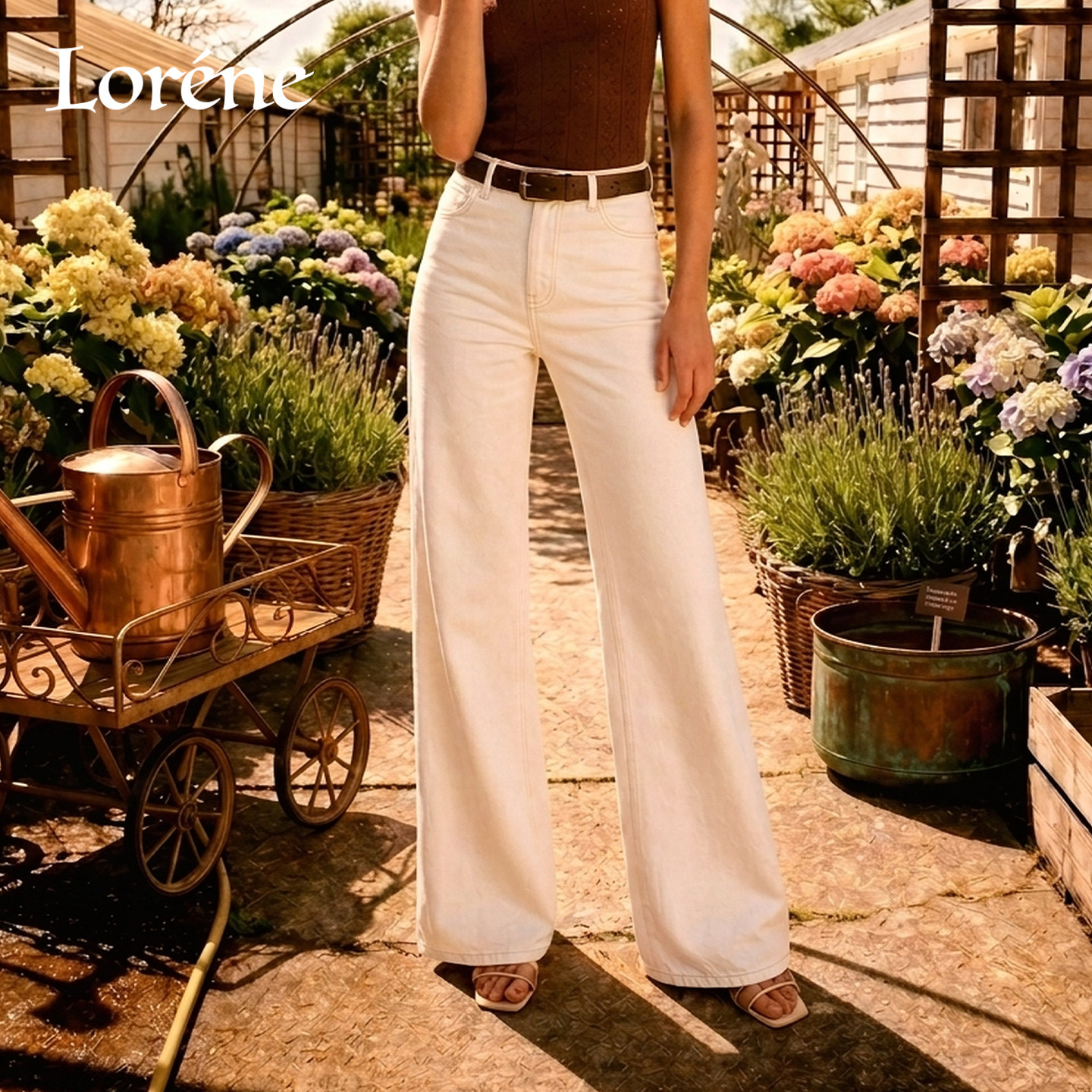 Lorene牛仔裤女士高腰阔腿裤法式极简美学宽松春夏薄款复古长裤