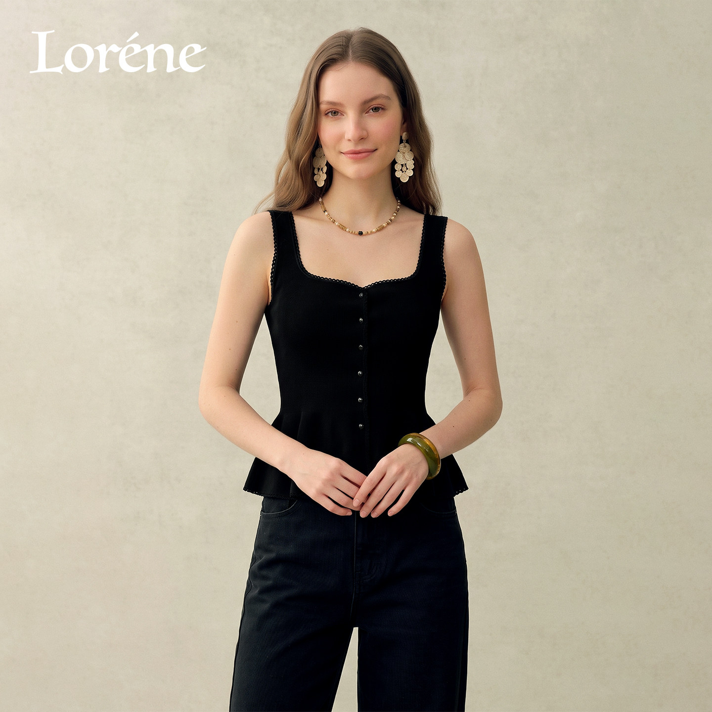 Lorene方领心形花边针织背心