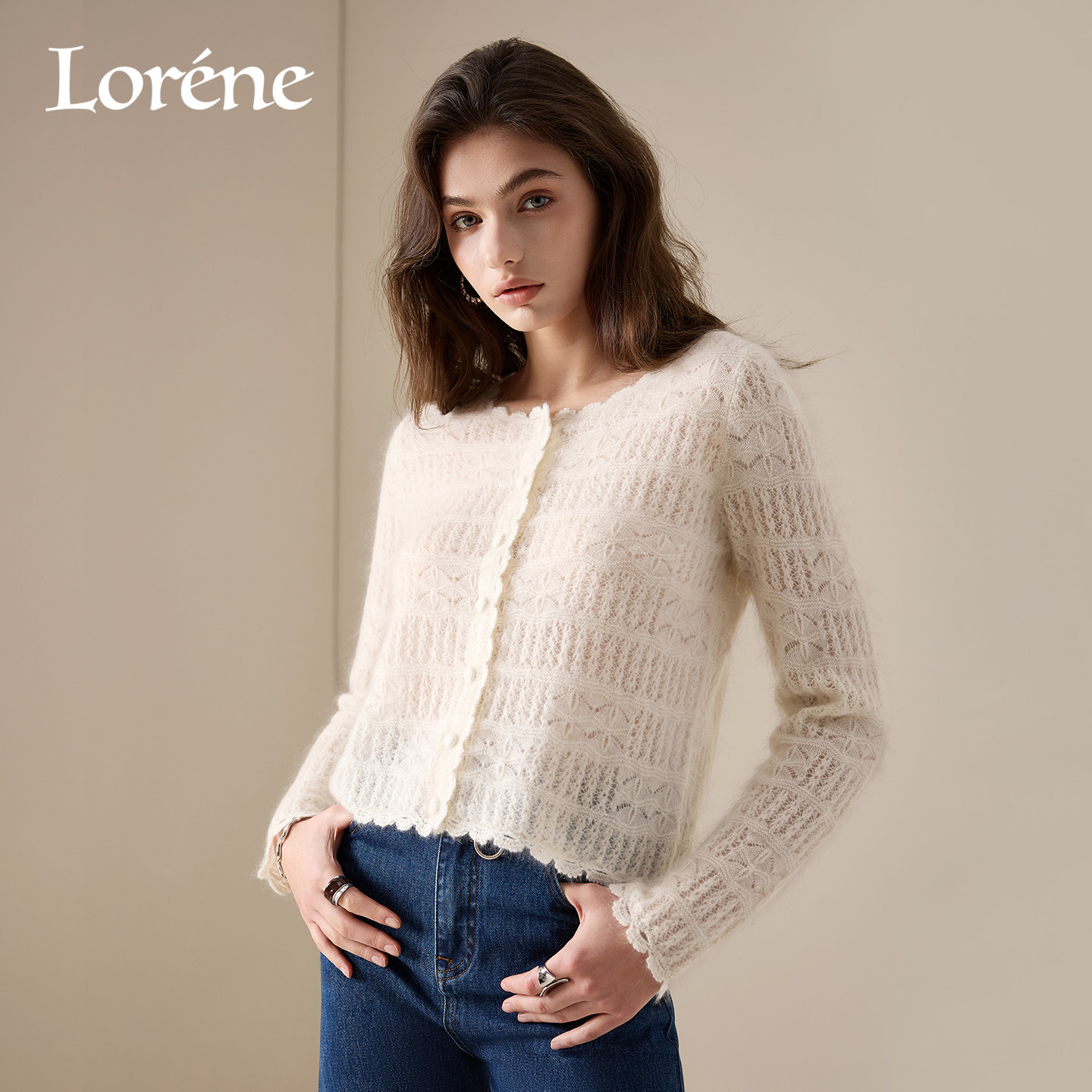 Lorene羊绒针织衫女镂空法式复古百分百山羊绒毛衣圆领开衫春款