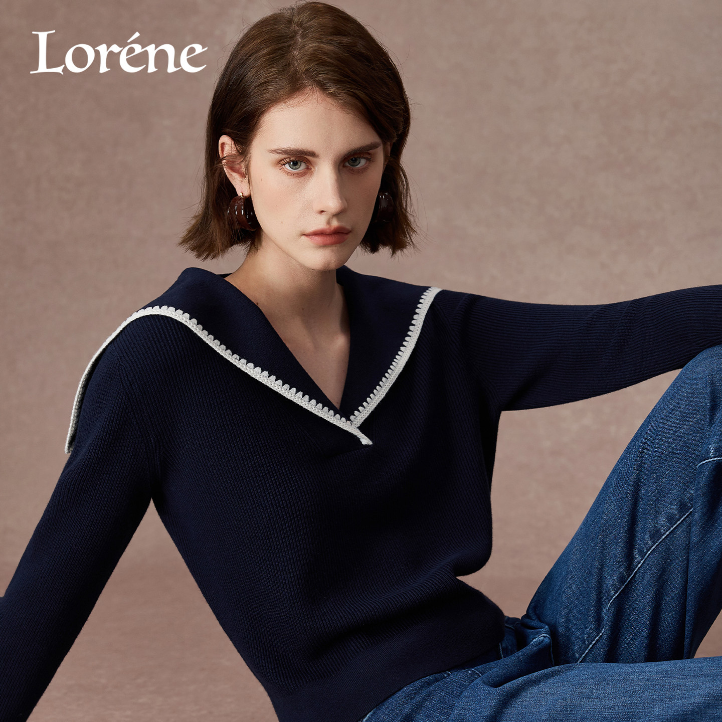 Lorene秋冬毛衣女羊绒毛衫宽松针织衫海军领学院风毛衣羊毛衫外套