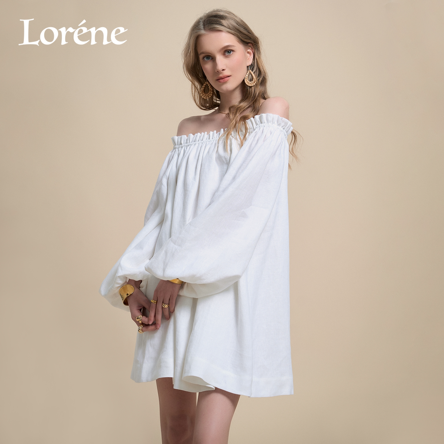 Lorene连衣裙女原生亚麻一字肩连衣裙法式波西米亚泡泡袖抹胸裙子