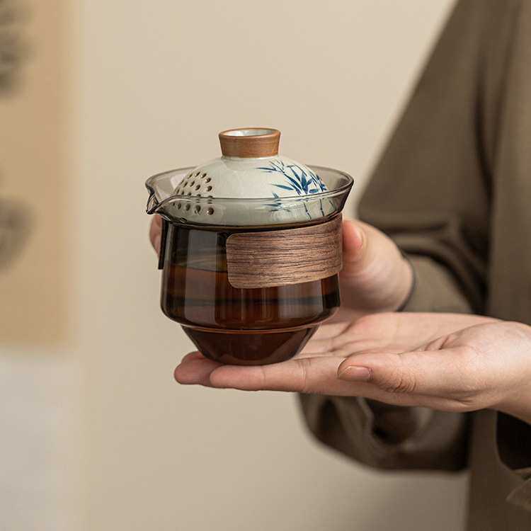 旅行茶具套装手绘冰裂釉汝窑哥窑盖碗茶壶杯一人户外便携式快客杯