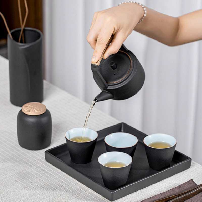 日式陶瓷茶盘 手工复古黑陶干泡盘茶台茶托 陶瓷简约储水干泡茶盘